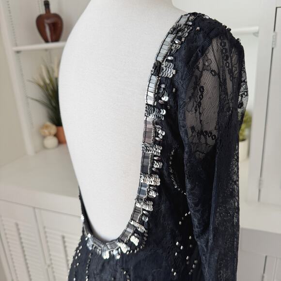 Free People Embellished Beaded Black Lace Long Sleeve Low Back Maxi Dress Size 6 - Picture 6 of 9